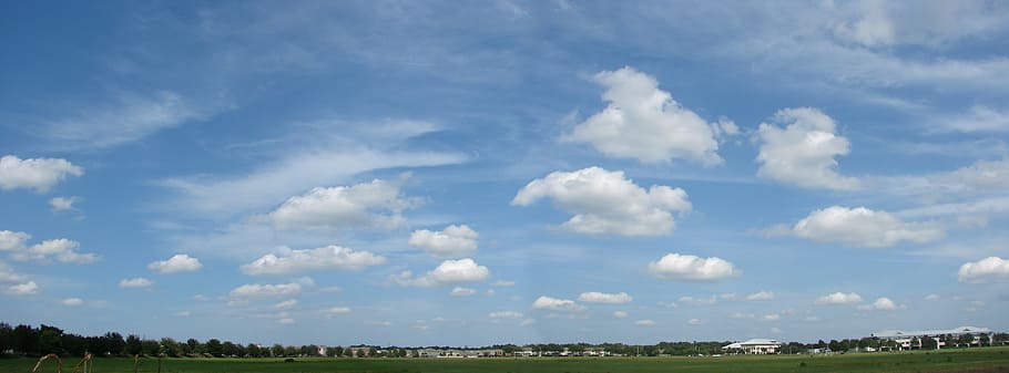 panoramic, photography, green, field, white, blue, sky, background, backdrop, view