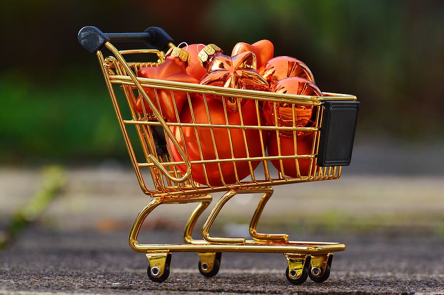 gold-colored, miniature, shopping cart, christmas shopping, christbaumkugeln, christmas, business, transport, metal, purchasing