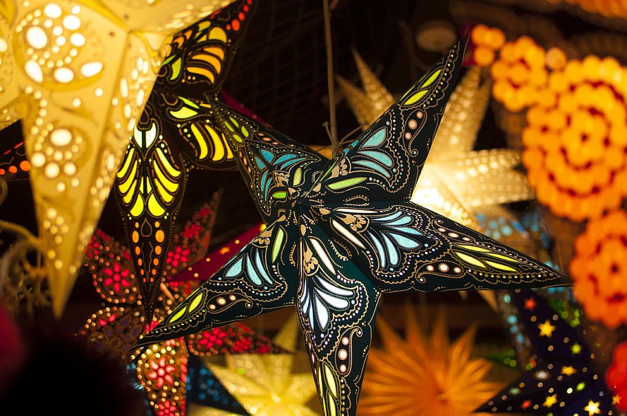 selective, focus close-up photography, black, multicolored, star christmas ornament, xmas, lights, decoration, christmas lights, close-up