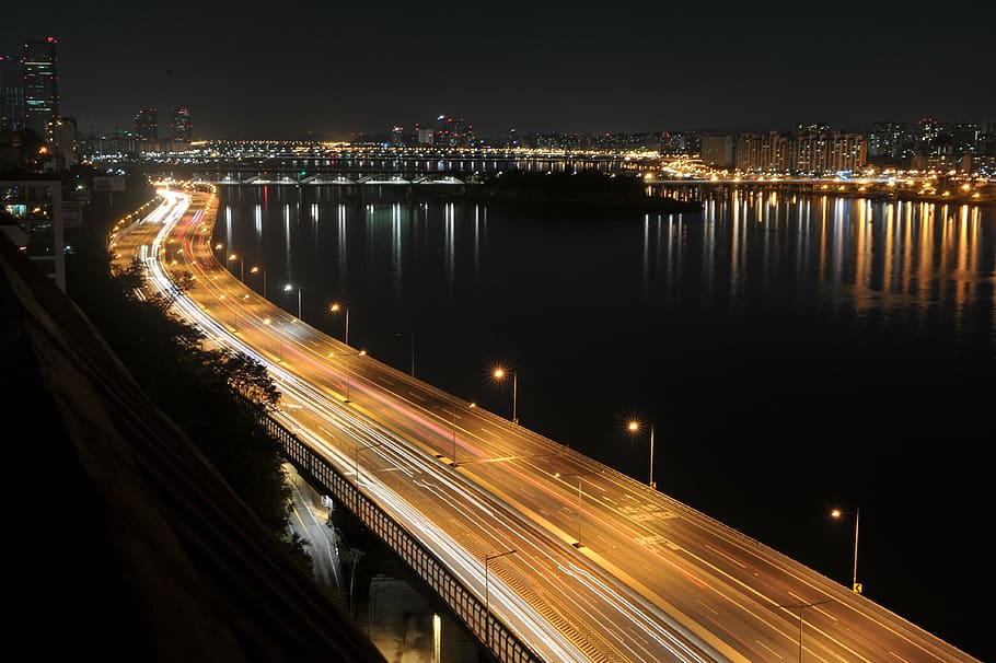 fotografi time lapse, kendaraan, jembatan, bulevar olimpiade, lampu jalan, pemandangan malam, sungai han, pulau no, jembatan hangang, malam