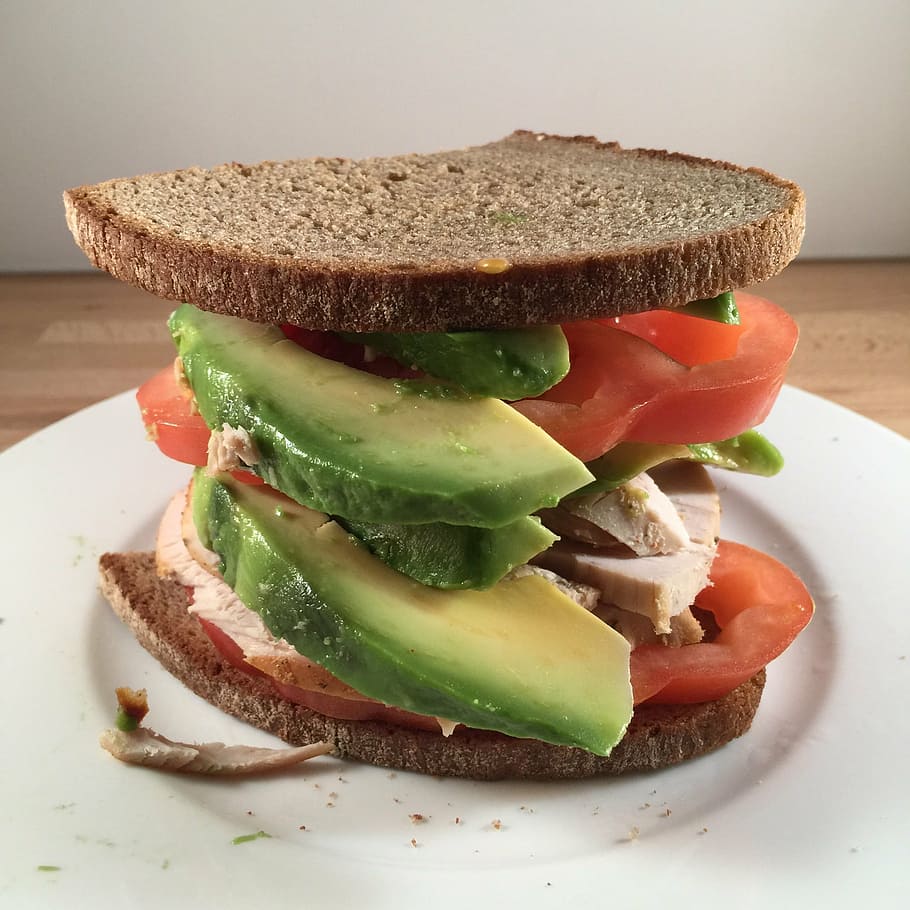 sandwich, avocado, tomato, food, food and drink, bread, freshness, healthy eating, vegetable, plate