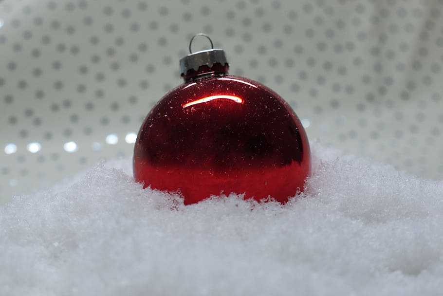 red, bauble, top, white, surface, christmas balls, balls, christmas eve, christmas, tree decorations