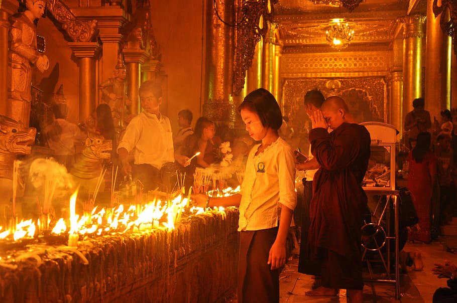 Myanmar, Yangon, Burma, Buddhism, buddhist, light festival, two people, adult, people, indoors