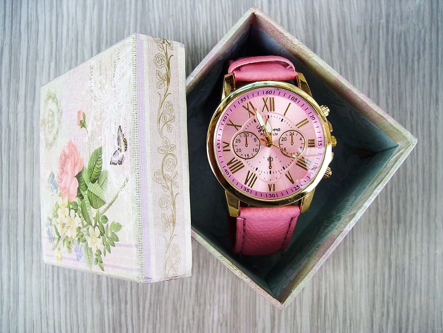 bulat berwarna emas, pink, kronograf, arloji, di dalam, kotak, waktu, hadiah, arloji wanita, kiat