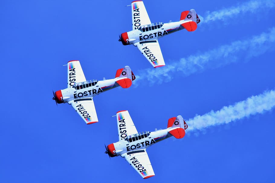 white, red, eqstra jetplane, air show, aircraft, formation, aerobatic