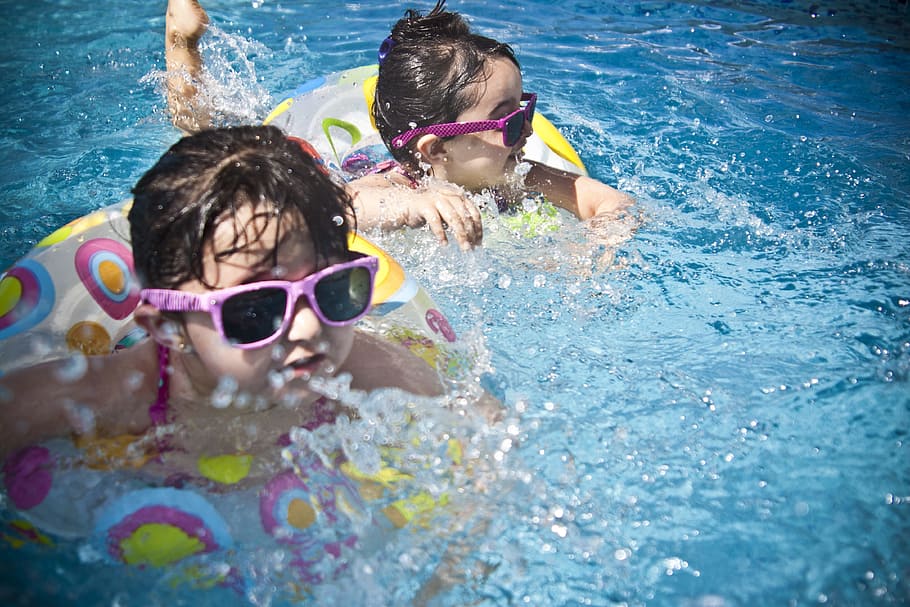 two, boy, girl, pink, sunglasses, swimming, people, water, blue, summer