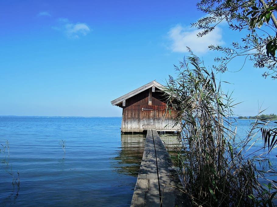 sky, lake, hut, web, blue in blue, jetty, waters, blue, silent, built structure