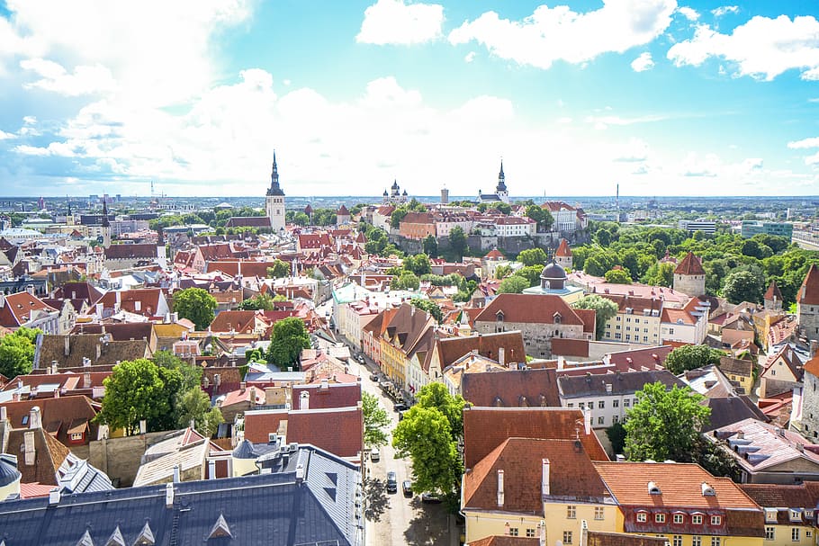 aérea, fotografia, casas, Tallinn, Estônia, Cidade Velha, património mundial, igreja do estacionário, vista aérea, telhado