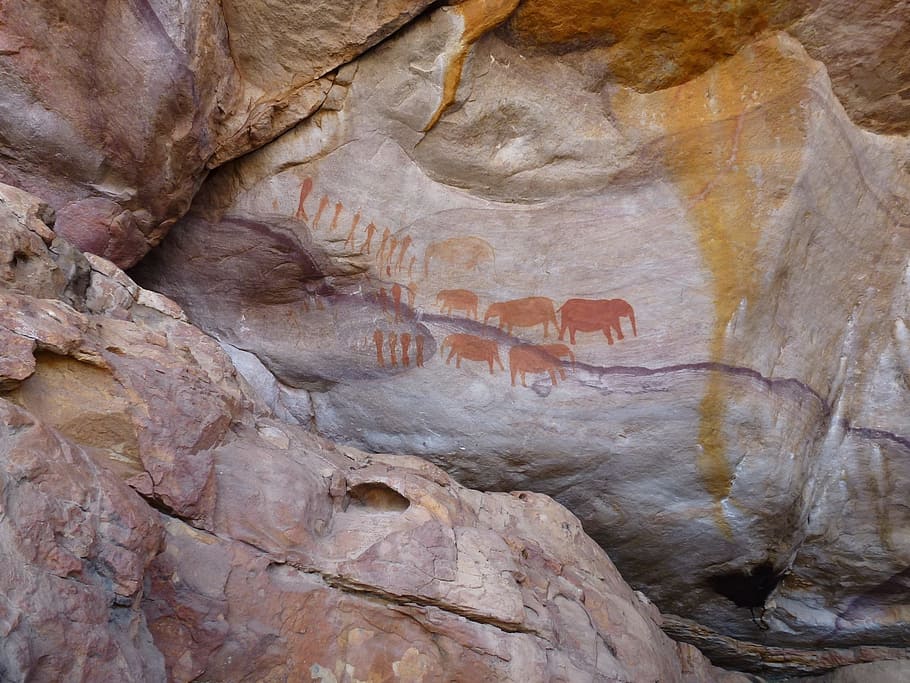 Arte rupestre, bosquimano, Sudáfrica, elefante, dibujo, objeto de roca, geología, formación rocosa, cueva, naturaleza