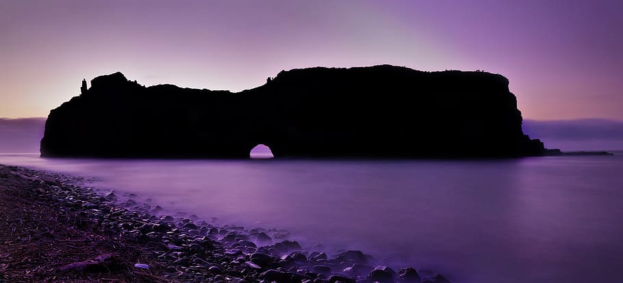 silhouette, riff, body, water, south africa, coffee bay, hole in the wall, mountain, ocean, purple sky