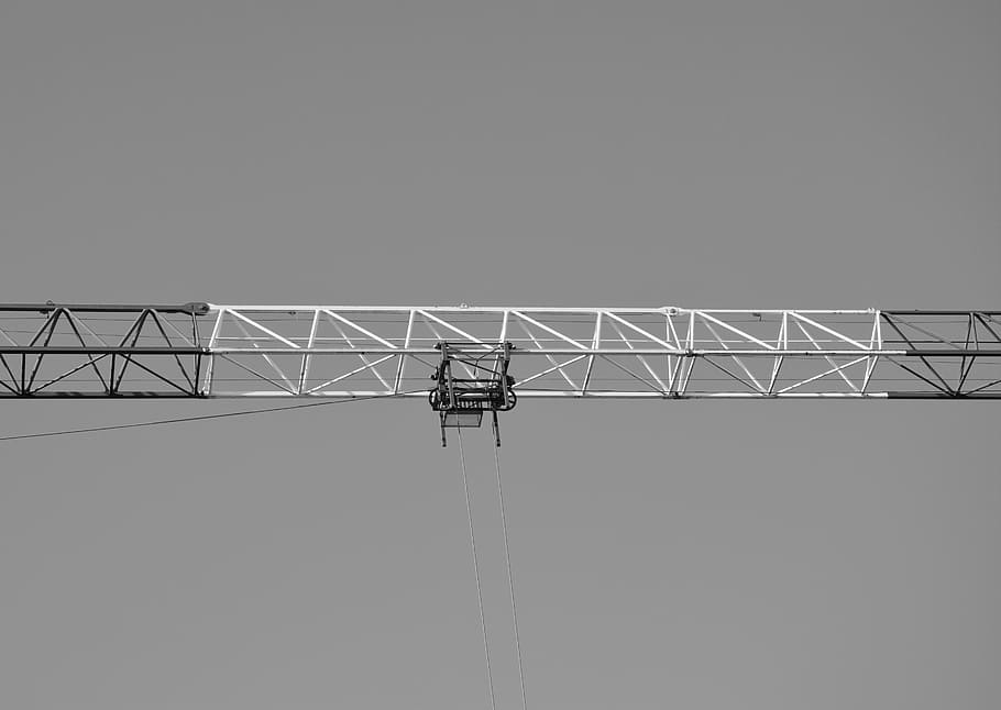 crane, site, photo black white, building, machine, lifting, work, cables, crane arm, gear