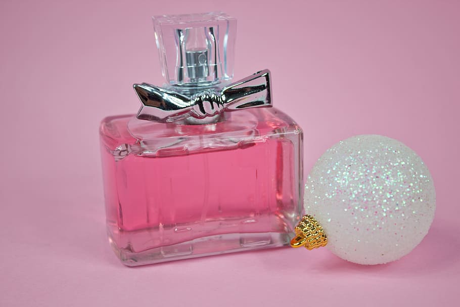 claro, botella de perfume de vidrio, al lado, blanco, chuchería, perfume, rosa, hermosa, belleza, perfume rosa