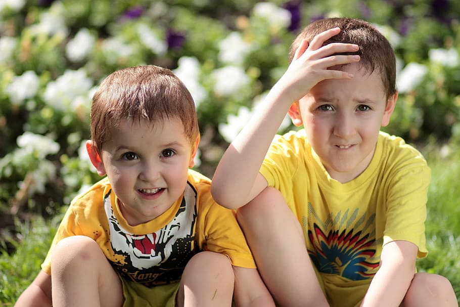 shallow, focus photography, two, kids, brothers, funny, nature, innocence, childhood, child