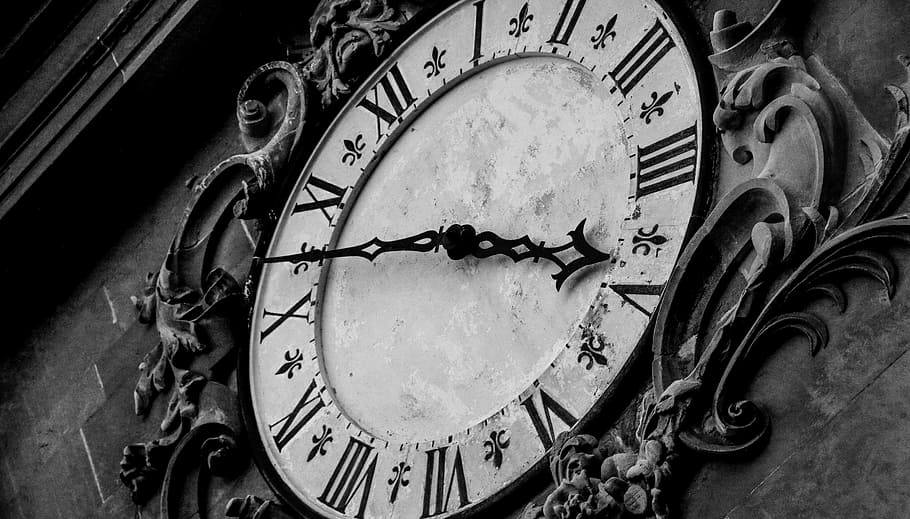 grayscale photograph, analog clock, clock, design, time, watch, symbol, icon, hour, sign