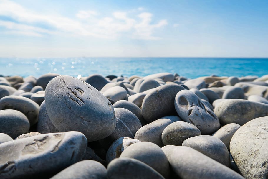 selective, focus photography, gray, polished, stone, rocks, beach, ocean, horizon, sky
