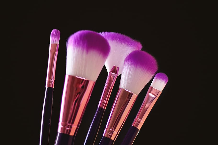 makeup brushes, brushes, bristles, makeup, purple, white, black, rose gold, studio shot, pink color