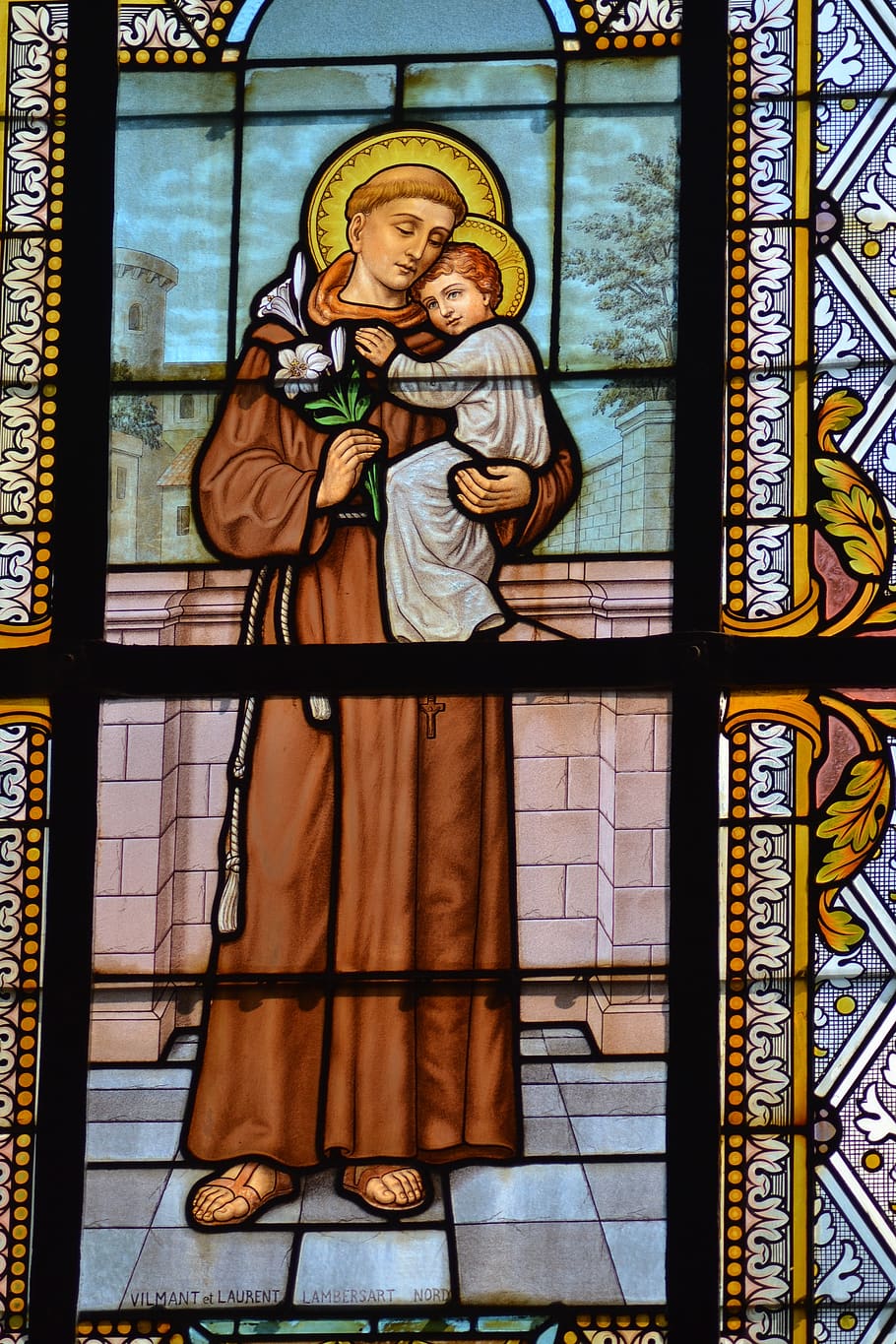 stained glass, window, church, saint, man, anthony of padua, monk, child, arm, jesus