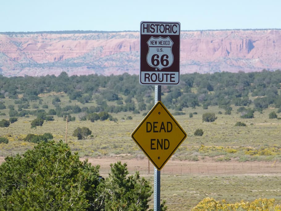 mati, tanda jalan akhir, rute 66, jalan buntu gurun, pegunungan, pemandangan, rambu jalan, tanda, gunung, komunikasi