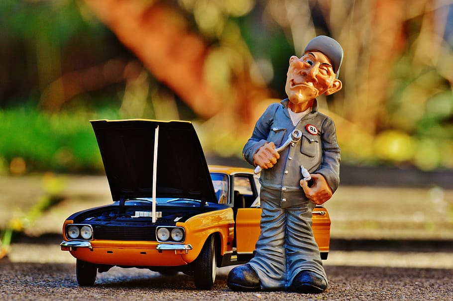 mechanic, grey, shirt, standing, orange, classic, car, miniature, ford, capri