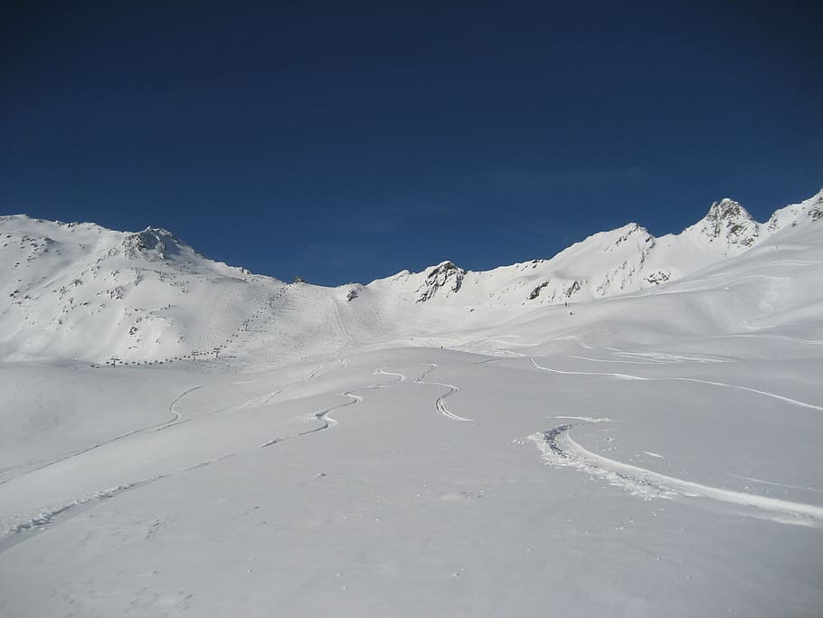 雪, 覆われた, 山, 青, 空, ソルデン, 冬, ウィンタースポーツ, スノーボード, スキー