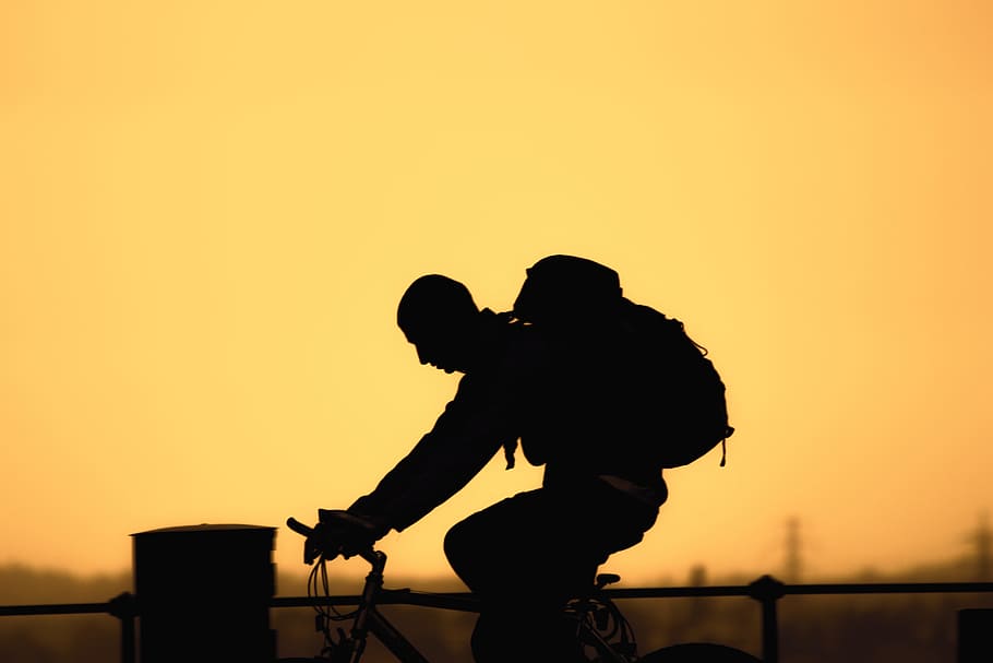 bike, tour, travel, leisure, silhouette, sunset, tourist, holiday, hiking, discover