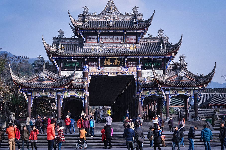 Portão de Dujiangyan, Sichuan, China, templos, cultura, arquitetura, pessoas, turistas, chineses, estrutura construída