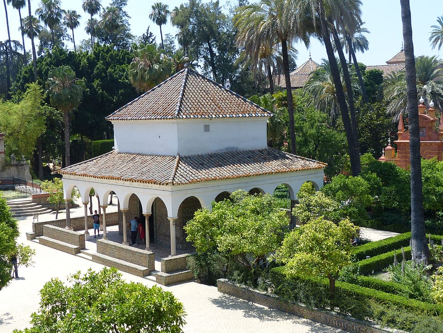 alcazar, park garden, pavilion, arches, seville, tree, plant, architecture, built structure, nature