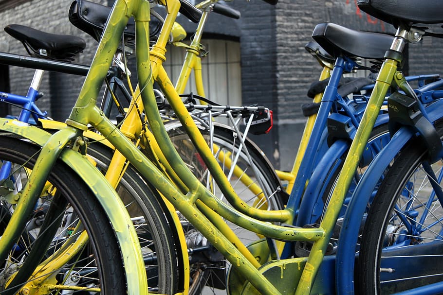 bicycle, amsterdam, blue, yellow, town, center, netherlands, street scene, parking, cycling
