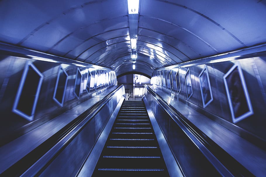 terowongan tangga eskalator, london, bawah tanah, Tangga, eskalator, terowongan, London Bawah tanah, perkotaan, kota, kereta bawah tanah