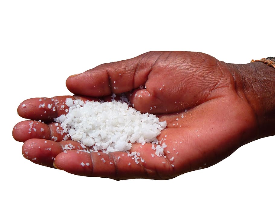hand, isolated, white, background, salt, holding, palm, palm of hand, ingredient, human hand