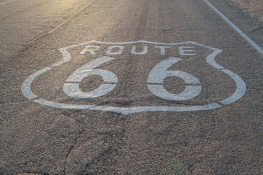 route 66, printed, concrete, road, daytime, highway, desert, travel, route, 66
