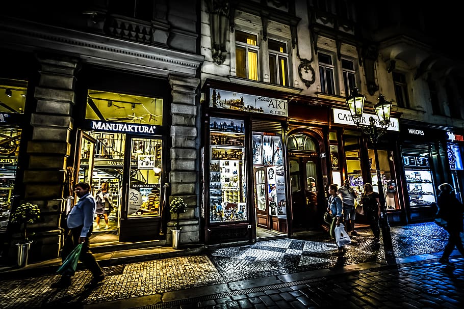 man, standing, brown, night time, Prague, Czech, Shop, Store, Evening, night