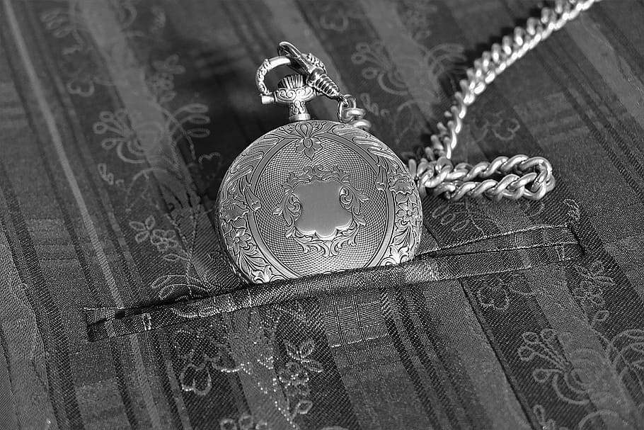 round pocket, watch, chain-link necklace, pocket watch, s w, closeup, old, metal, close-up, indoors