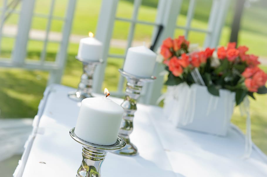 three, lighted, white, pillar candles, glass candle holders, wedding, candle, ceremony, flower, flowering plant