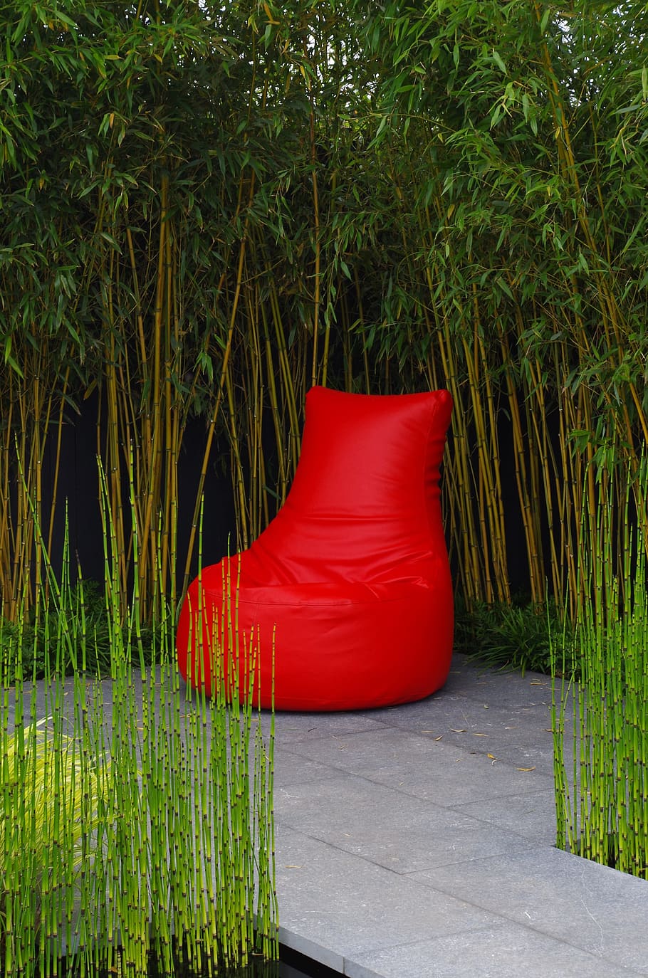 red bean bag, mindset, faq, red, green, chair, trees, willow, reeds, bamboo