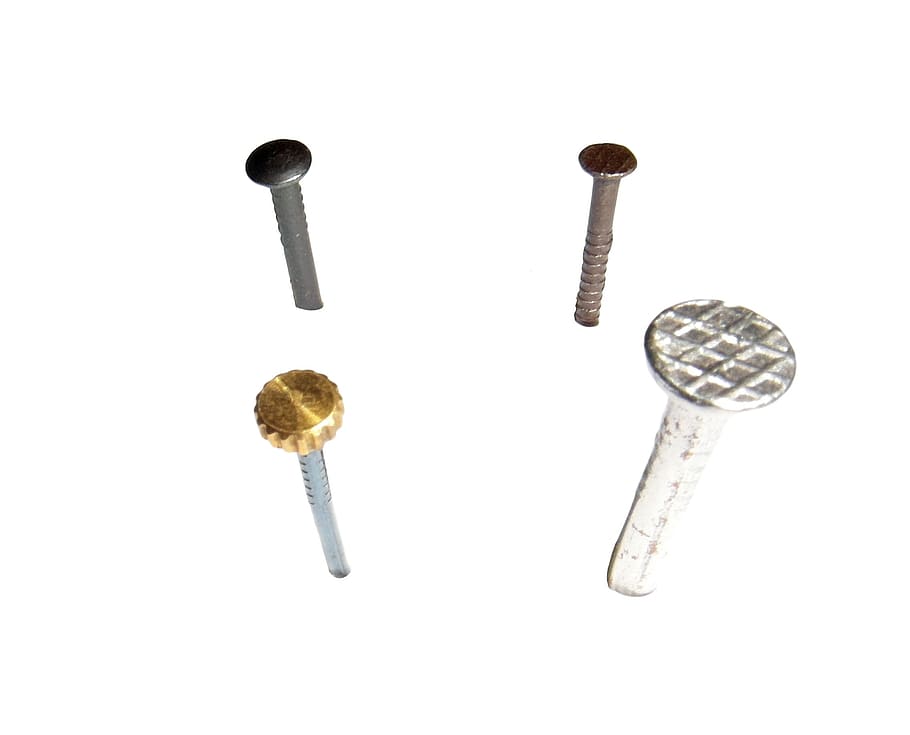 four, assorted, screws collage, nail, nails, hammer, tool, pin, bulletin board, wood
