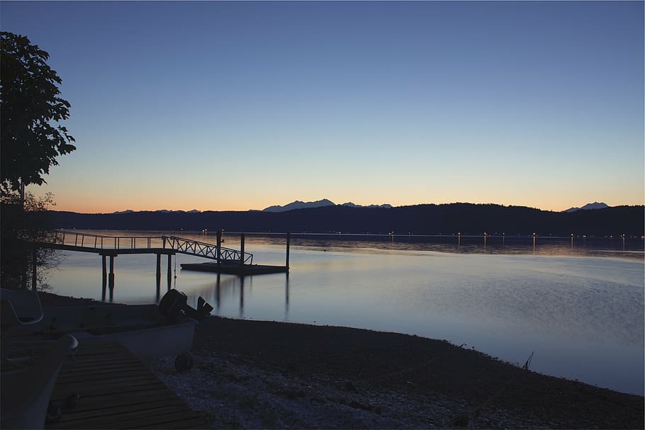silhouette dock, silhouette, dusk, boat, dock, river, blue, calm, sky, sunset