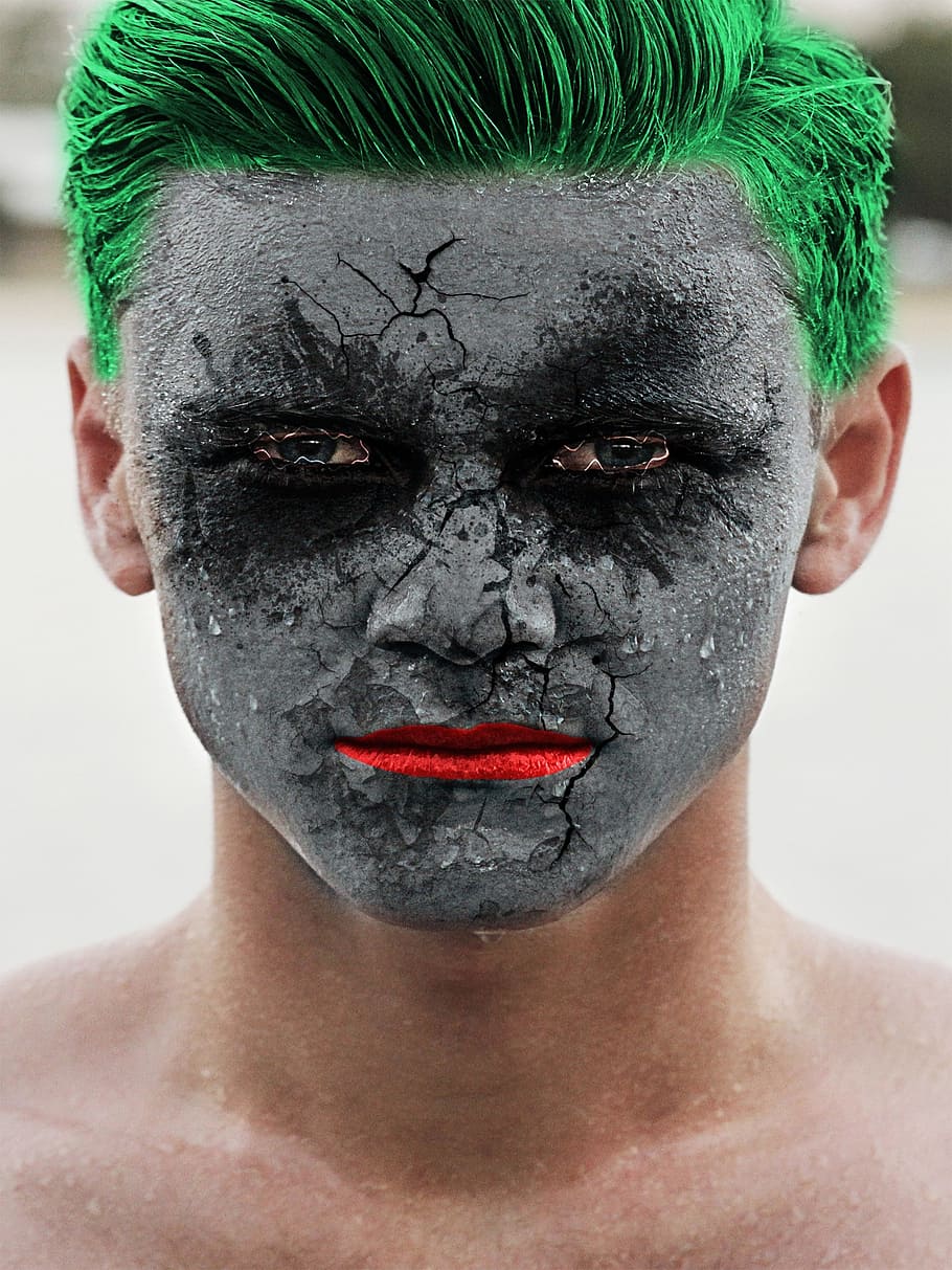 homem, pintura facial, coringa, retrato, verde, cabelo, fantasma, máscara, palhaço, preto
