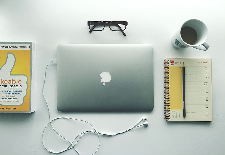 flat, lay, photography, silver macbook, spiral book, cup, coffee, web design, notebook, computer