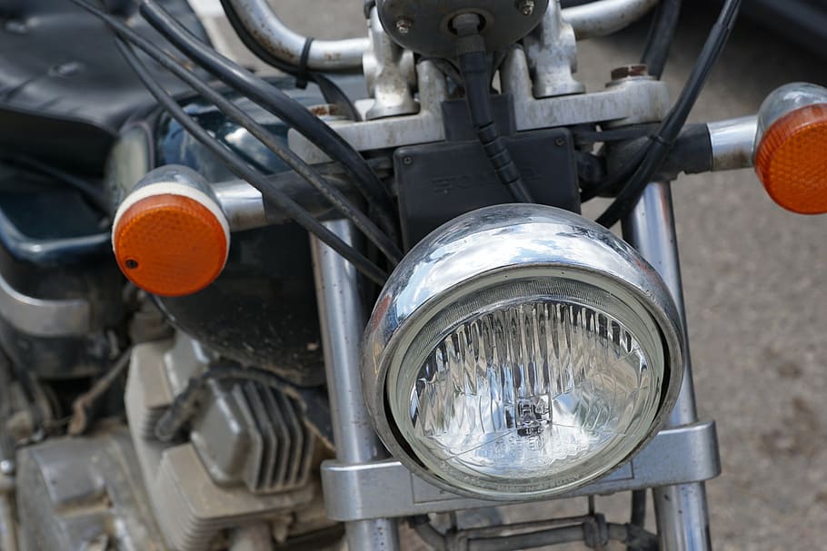 gray, black, standard, motorcycle headlight, turned, motorcycle, vehicle, old, light, fast