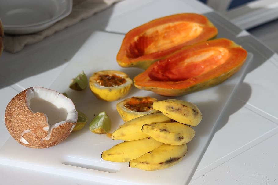 frutas exóticas, coco, papaya, plátanos pequeños, maracuyá, comida, comida y bebida, alimentación saludable, frescura, fruta