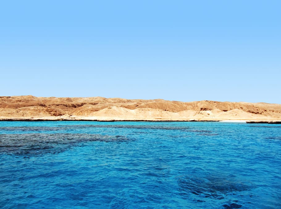 blue sea, island, ocean, coast, arid, hot, day, shore, shallow, egypt