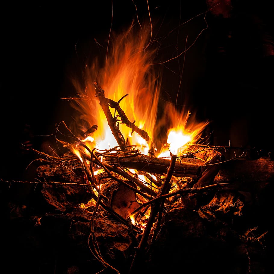 bonfire, lighted, night time, fire, flame, night, inflammable, burn, wood, campfire