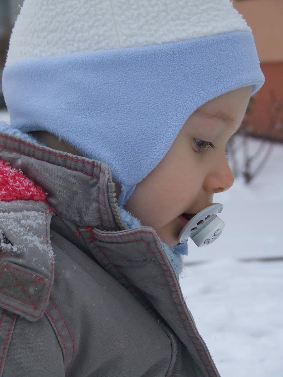 Small, Child, Winter, Cap, Teat, a small child, a cap, the teat, blue, childhood