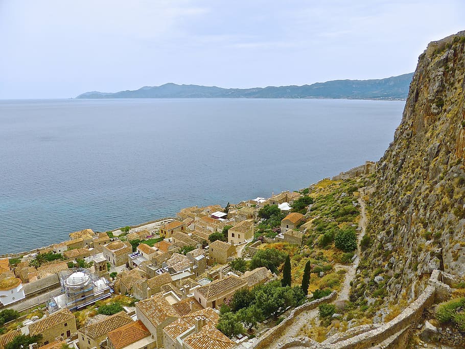 monemvasia, village, greece, rooftops, coastal, scenic, historical, architecture, water, building exterior