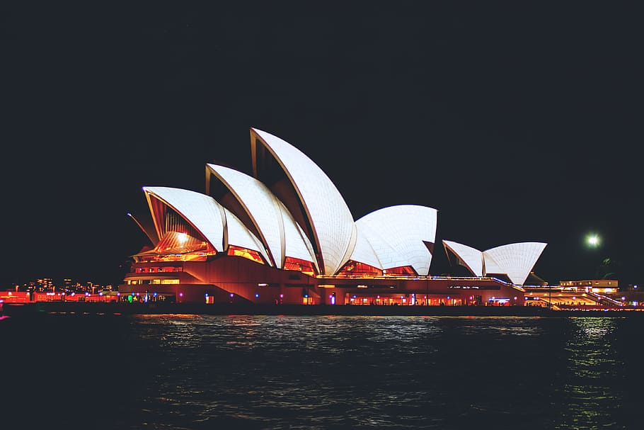 famoso sydney, teatro de ópera de sydney, tiro noturno, Sydney Opera House, Austrália, arquitetura, construção, noite, sydney, teatro de ópera