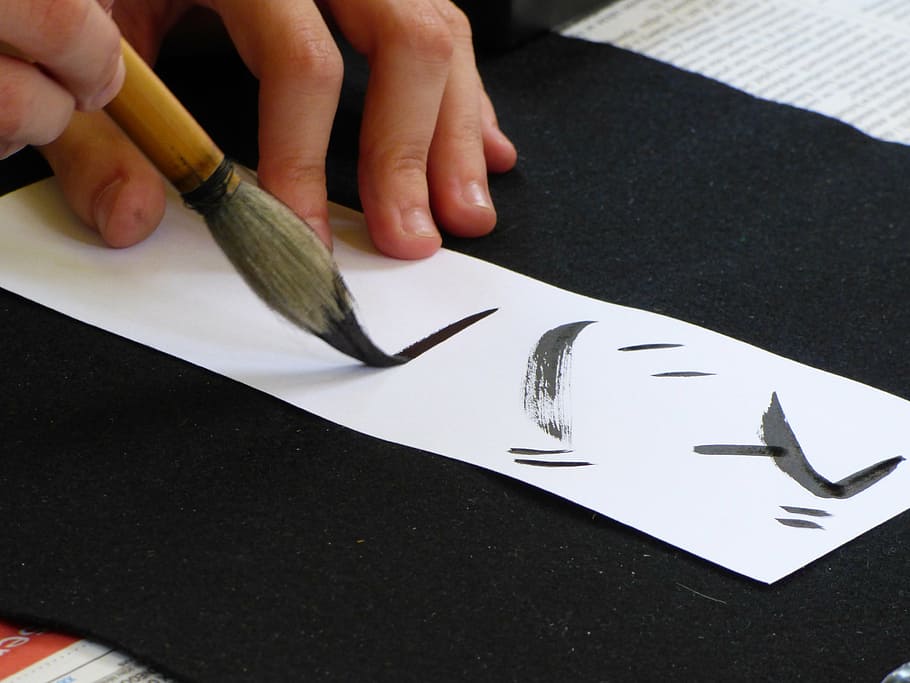 persona pintura abstrac, blanco, papel, caligrafía, letrero, caracteres, japón, logo, tinta, pincel