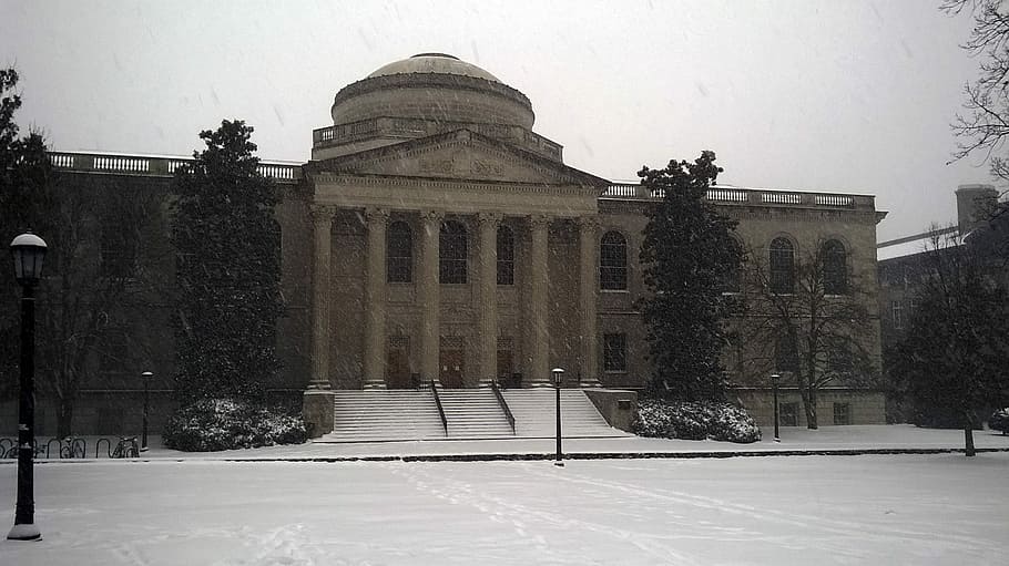 nieve, norte, carolina, Biblioteca Louis Round Wilson, UNC, Chapel Hill, Carolina del Norte, fotos, dominio público, Estados Unidos