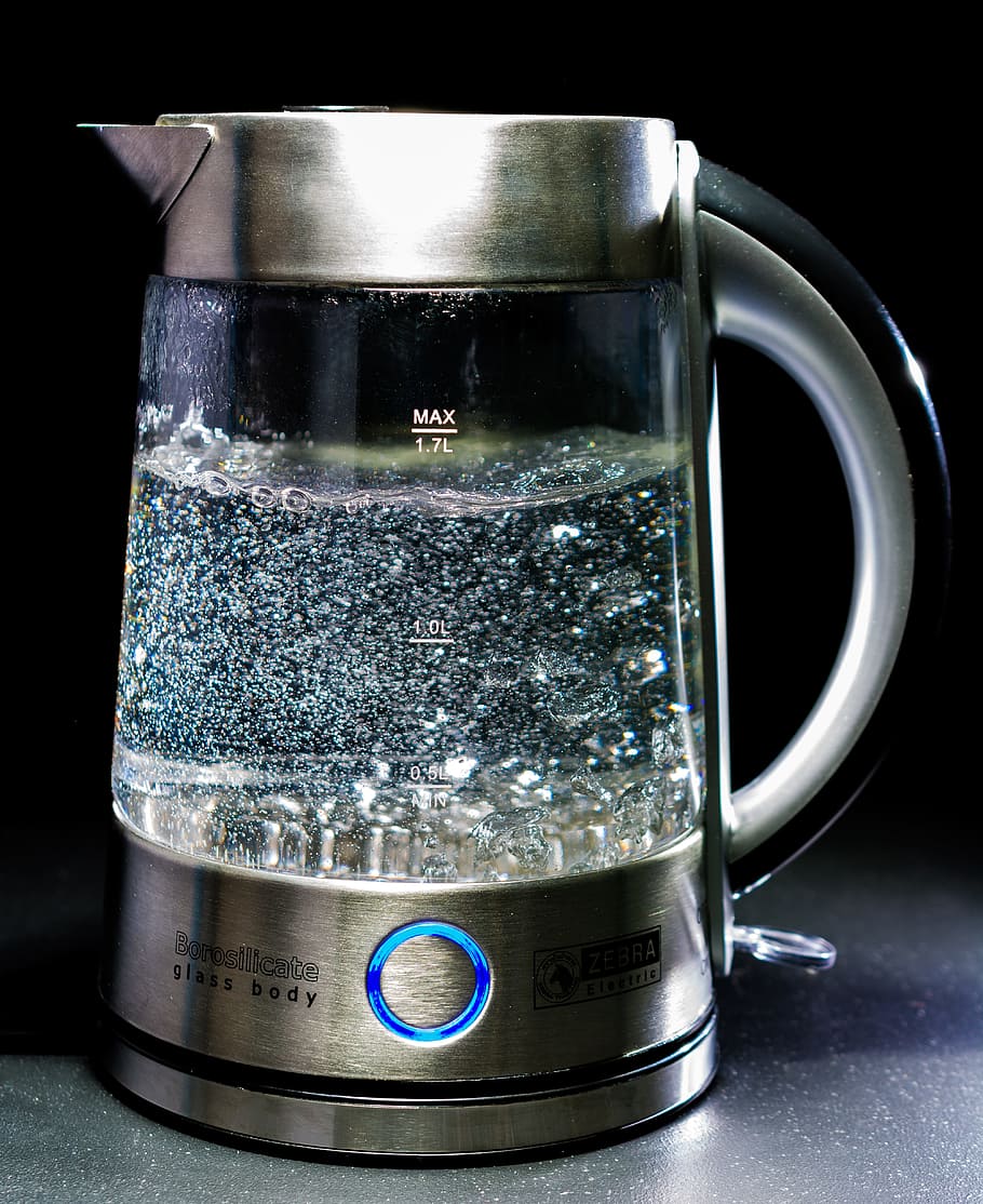 silver, clear, electric, kettle, bioling water, glass, water, blow, geraert, hot