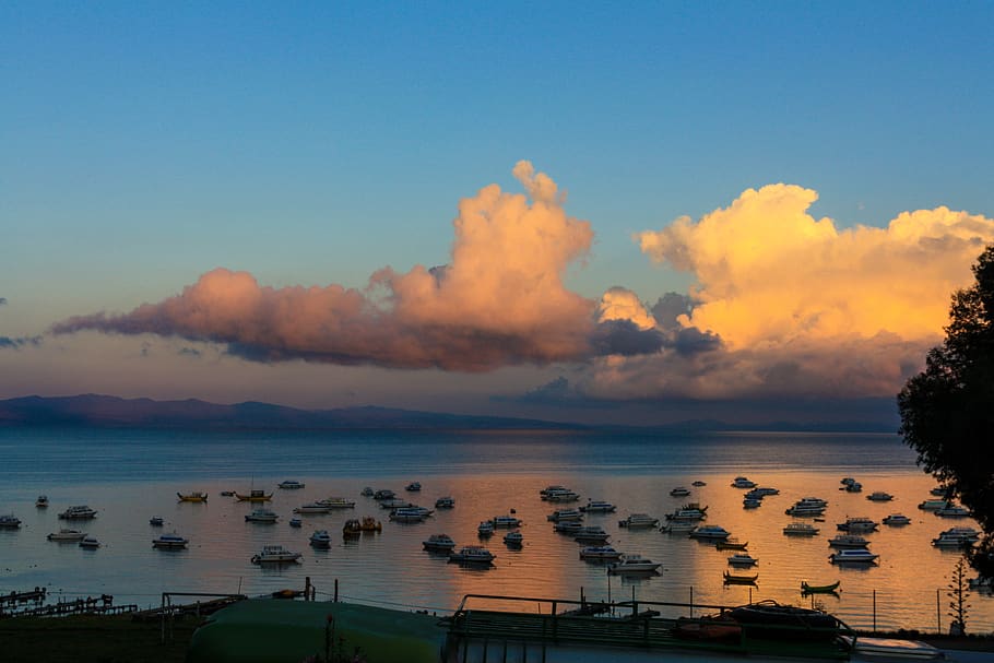 sunrise, copacabana, bolivia, morgenrot, boats, lake titicaca, sky, water, cloud - sky, scenics - nature